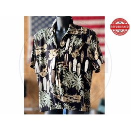 Camicia hawaiana surf e ukulele nera XL USATO