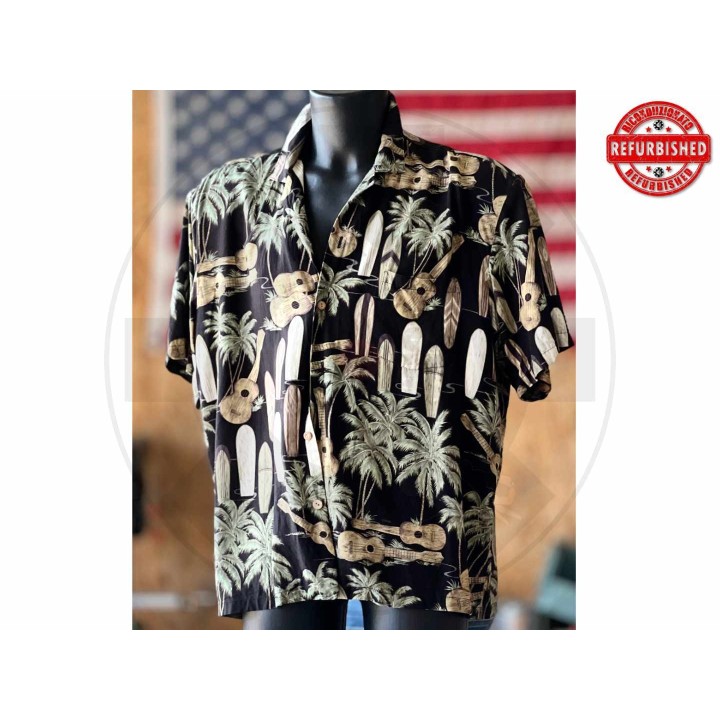 Camicia hawaiana surf e ukulele nera XL USATO