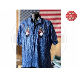 Camicia hawaiana chitarre fiamme blu 2XL USATO