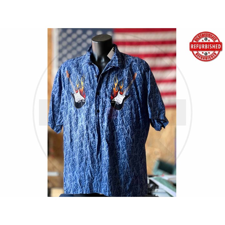 Camicia hawaiana chitarre fiamme blu 2XL USATO